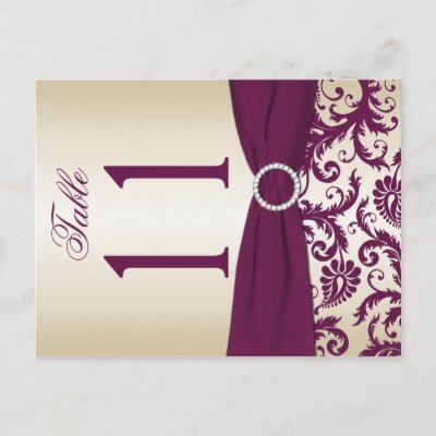 Twosided Plum and Champagne Damask Table Number Postcards by NiteOwlStudio