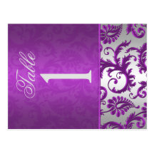Two Sided Silver and Purple Damask II Table Number Postcards