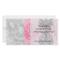 two tone pink and black chic damask personalized photo card