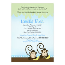 Two twin Silly Monkeys Boys Baby Shower 5x7 Invites