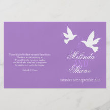 Two white doves purple ribbon wedding programme custom flyer