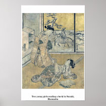 Two young girls reading a book by Suzuki, Harunobu Posters