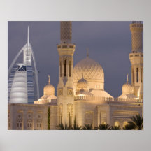 UAE, Dubai. Mosque in evening with Burj al Arab Poster