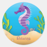 Underwater Purple Seahorse Round Stickers