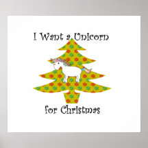 Unicorn in Christmas tree on gold Print