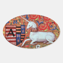 UNICORN OLD BROWN PARCHMENT MONOGRAM OVAL STICKER