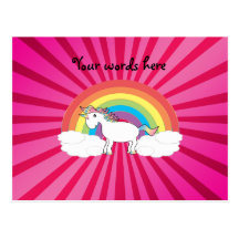 Unicorn on clouds pink sunburst post cards
