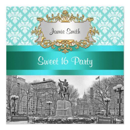 Union Square NYC Aqua White Damask 443 Sweet 16 Invite