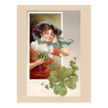 Unique vintage illustration - Girl with Shemrock Postcards