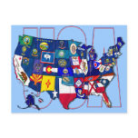United States map of the USA with state flags postcards