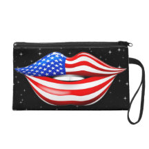 USA Flag Lipstick on Smiling Lips Bagettes Bag Wristlet Purses