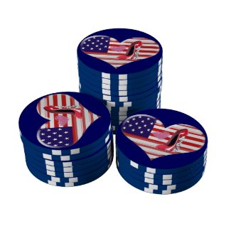 USA Heart Flag, Corkscrew Stiletto Kiss Poker Chip Set Of Poker Chips