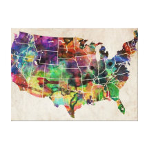 USA Watercolor Map Stretched Canvas Print