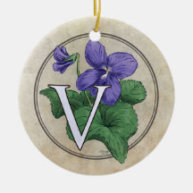 V for Violets Flower Monogram Christmas Tree Ornaments