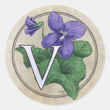 V for Violets Flower Monogram Round Stickers