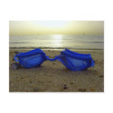 Vacation time, blue goggles at the beach postcards