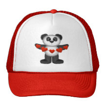 Valentine Panda Bear Holding String of Red Hearts Trucker Hats