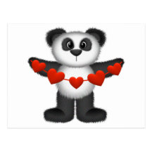 Valentine Panda Bear Holding String of Red Hearts Post Cards