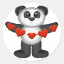 Valentine Panda Bear Holding String of Red Hearts Round Stickers