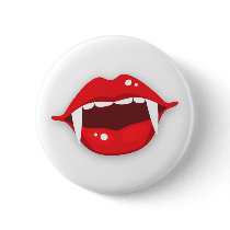 Vampire mouth with red lips and fangs button