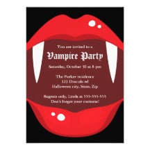 Vampire party invitation with fangs and red lips