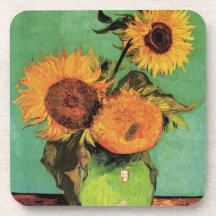 Van Gogh; 3 Sunflowers in a Vase, Vintage Flowers Drink Coasters