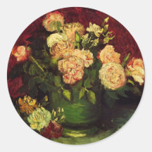 Van Gogh; Bowl with Peonies and Roses Round Stickers