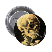 Van Gogh Skull with Burning Cigarette Button