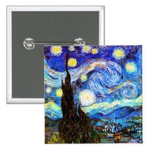 Van Gogh Starry Night, Vintage Fine Art Pinback Buttons