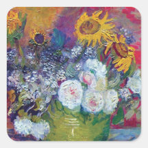 Van Gogh - Still Life With Roses And Sunflowers Square Stickers