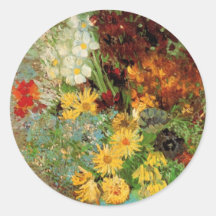 Van Gogh; Vase with Daisies and Anemones Round Sticker