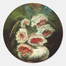 Van Gogh Vase with Peonies, Vintage Floral Flowers Round Stickers