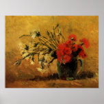 Van Gogh Vase with Red White Carnations on Yellow posters