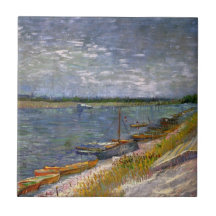 Van Gogh View of River w Rowing Boats, Vintage Art Tile