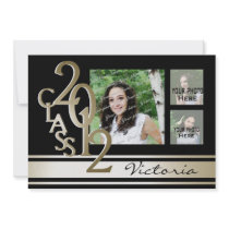 Varsity Stripe Tri Photo Black and Gold Personalised Invites