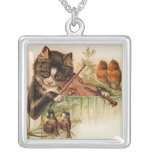 Victorian Cat Playing the Violin for Songbirds Personalized Necklace
