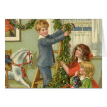 Victorian Children Decorating for Christmas Greeting Cards