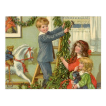 Victorian Children Decorating for Christmas Post Card