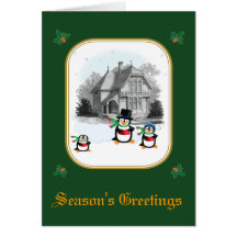 Victorian House with Caroling Penguins Card