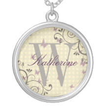 Vine & Butterfly Design Monogram Necklace Cream