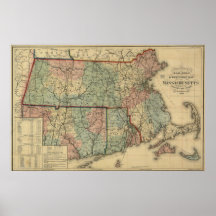 Vintage 1879 Massachusetts & Rhode Island Map Posters