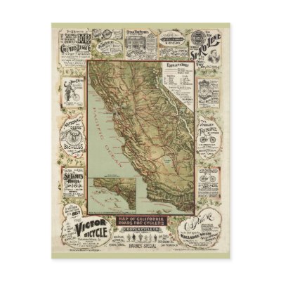 Vintage 1895 California Bicycle Cycling Map Postcards by ZephyrusBooks