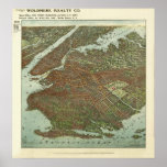 Vintage 1908 Brooklyn NY Bird's Eye View Map Print
