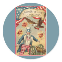 Vintage 4th of July Greetings, Uncle Sam Fireworks Round Sticker