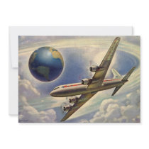 Vintage Aeroplane Flying Around the World in Cloud Personalized Invites