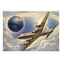 Vintage Aeroplane Flying Around the World in Cloud Personalized Invites