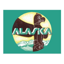 Vintage Alaska Travel Poster, Totem Pole with Bird Postcards