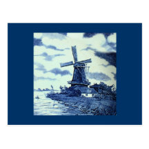 Vintage Antique Delft Blue Tile - Windmill Postcard