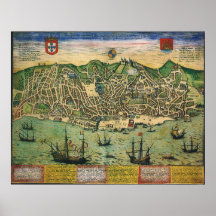 Vintage Antique Map; Town Plan of Lisbon, 1598 Poster