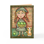 Vintage Apple Girl & Cat Art Greeting Card
